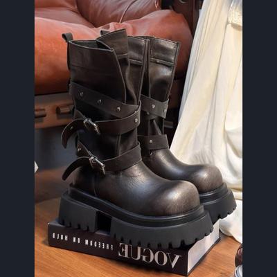 Платформа Женские Полусапожки на Среднем Каблуке Дизайнерские Элегантные Зимние Новая Обувь 2025 Пряжка Длинные Сапоги Платье Вечеринка Zapatillas