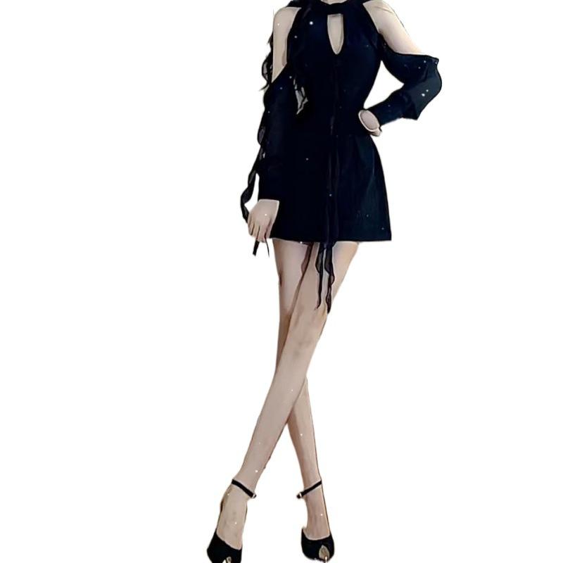 Черные платья женские сексуальные открытые женские повседневные темпераментные весенние с открытыми плечами в корейском стиле однотонные милые ампирные модные