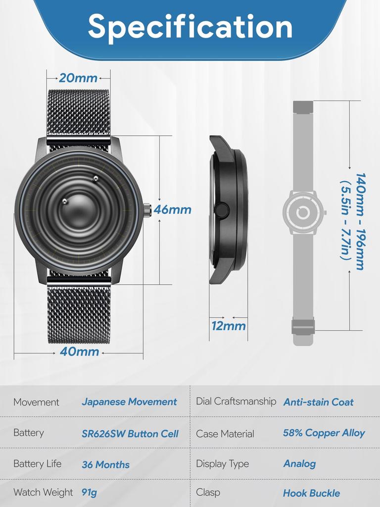 Магнитные часы с шарикоподшипником, дизайн унисекс, кварцевые часы, минимализм, повседневные, водонепроницаемые, 40 мм, черный циферблат, черный ремешок из нержавеющей стали, сетчатый ремень [EUTOUR]