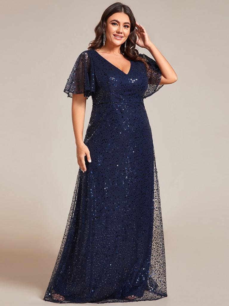 Ever-Pretty Women's Plus Size Shiny Sequin V-Neck A-Line Evening Dresses with Ruffles Sleeves