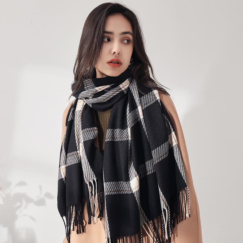 Winter Scarf for Women Shawl Cashmere Feel Tassel Plaid Large Oversized Scarves