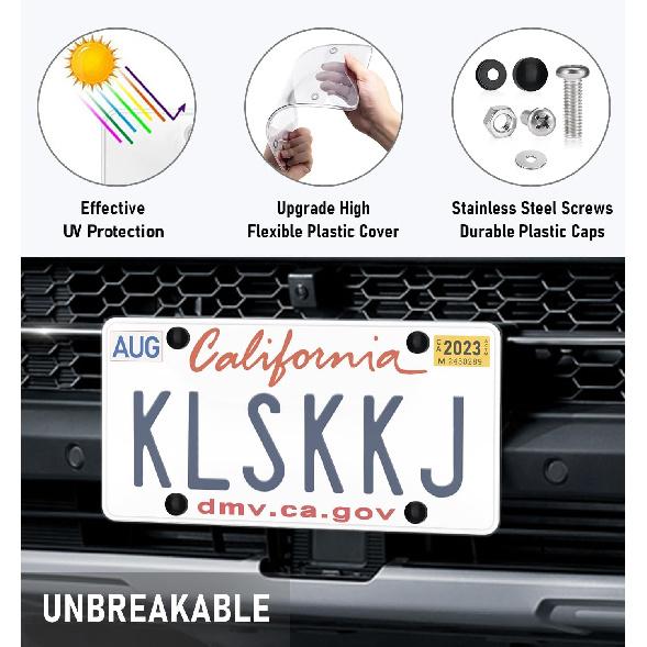 2 Pack Clear License Plate Covers, Flat License Plate Protector Unbreakable Plastic Shields Tag Holder Fits Standard US Plate With Screws Caps