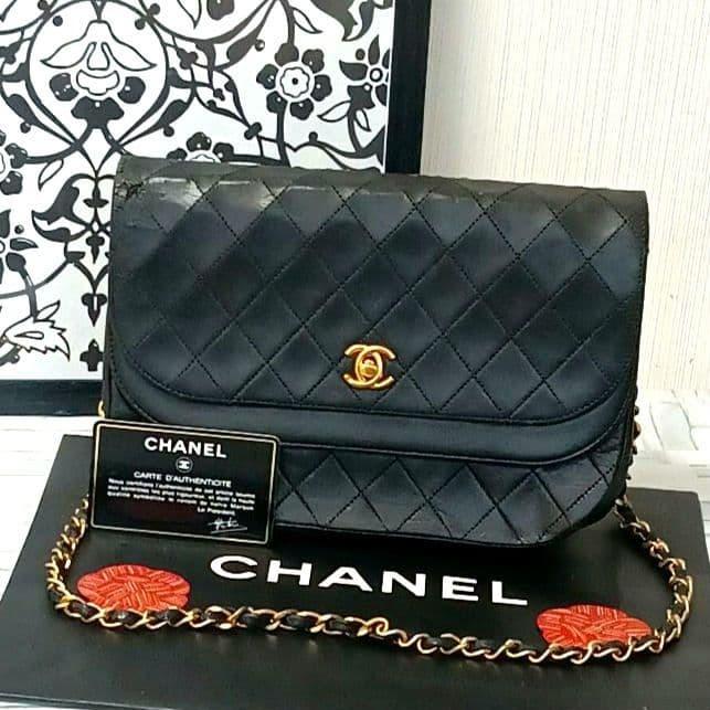 CHANEL Matelasse Quilted Chain Shoulder Bag Lambskin, Double Flap, Black, Turn-lock, Gold-tone Hardware