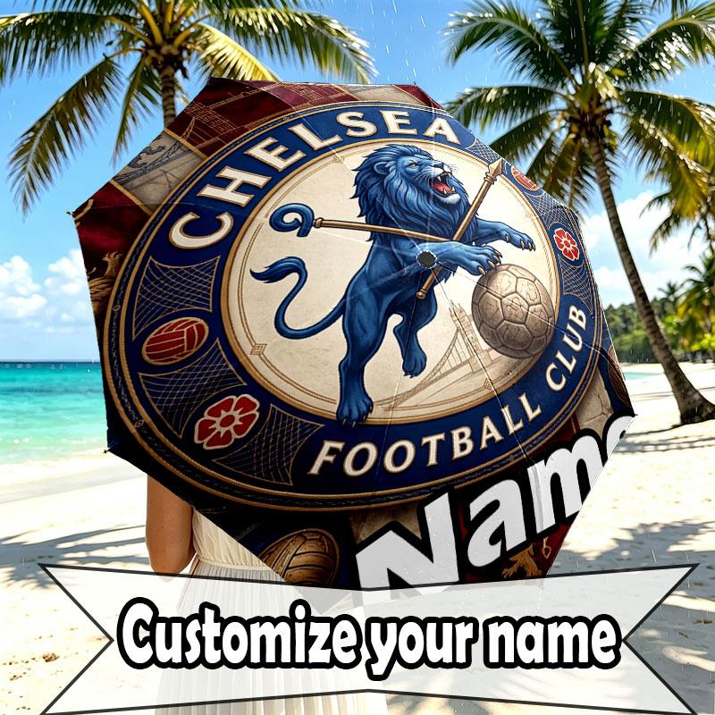 Custom Name Personalized Chelsea Football Club Print Umbrella, Auto Open Close, 8‑Rib Sturdy Frame, Commute Camping Hiking Use, Birthday Gift