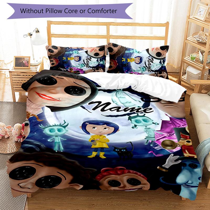 3pcs Coraline2 Cover Set - Personalized Name, HD Printed Bedding with 1 Cover and 2 Pillowcases - Perfect for Home Decor, Easy Care