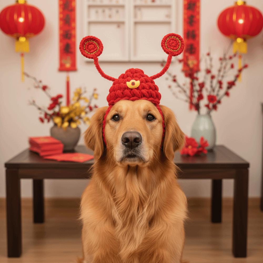 Китайский стиль Голова Кошки Удачи Головной убор Ручная вязка Теплый Берет для питомца Благословение Традиционная вязаная шапка для питомца Для маленьких собак кошек