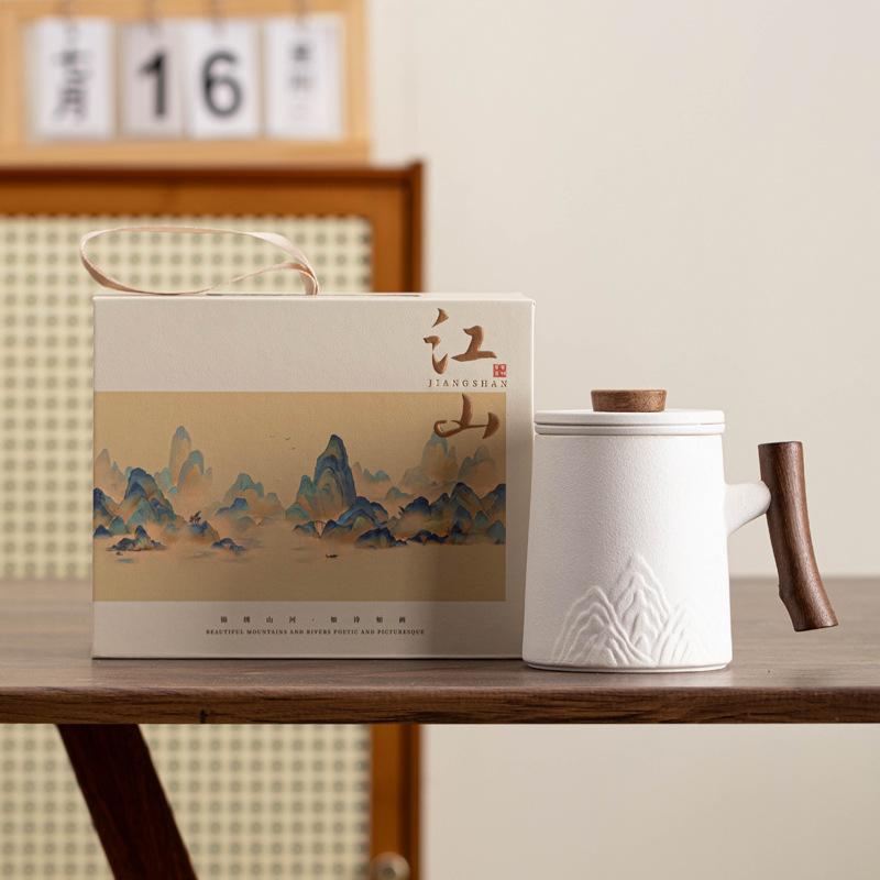 New Thousand Miles Jiangshan Lid Mug Office Cup Tea Separation Ceramic Cup Large Capacity Couple Teacup Water Cup