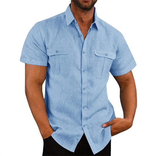 Summer Cotton Linen Casual Shirts Men Short Sleeve Solid Color Turn Down Collar Shirt Mens Breathable Beach Style Blouse 5XL