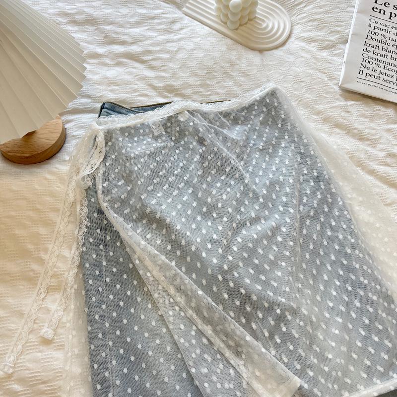 Корейская юбка из кружевного тюля с оборкой-фартуком и завязками