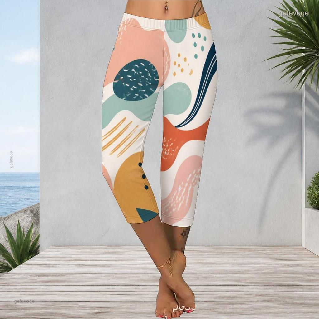 Women Plus Size Abstract Geometric Line Print High Waist Capri Leggings Stretchy Slim Fit Cropped Pants For Yoga Workout Casual Daily Wear