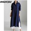 IHUASU Women's Casual Loose Turn-Down Collar Long Sleeve Shirt Dress
