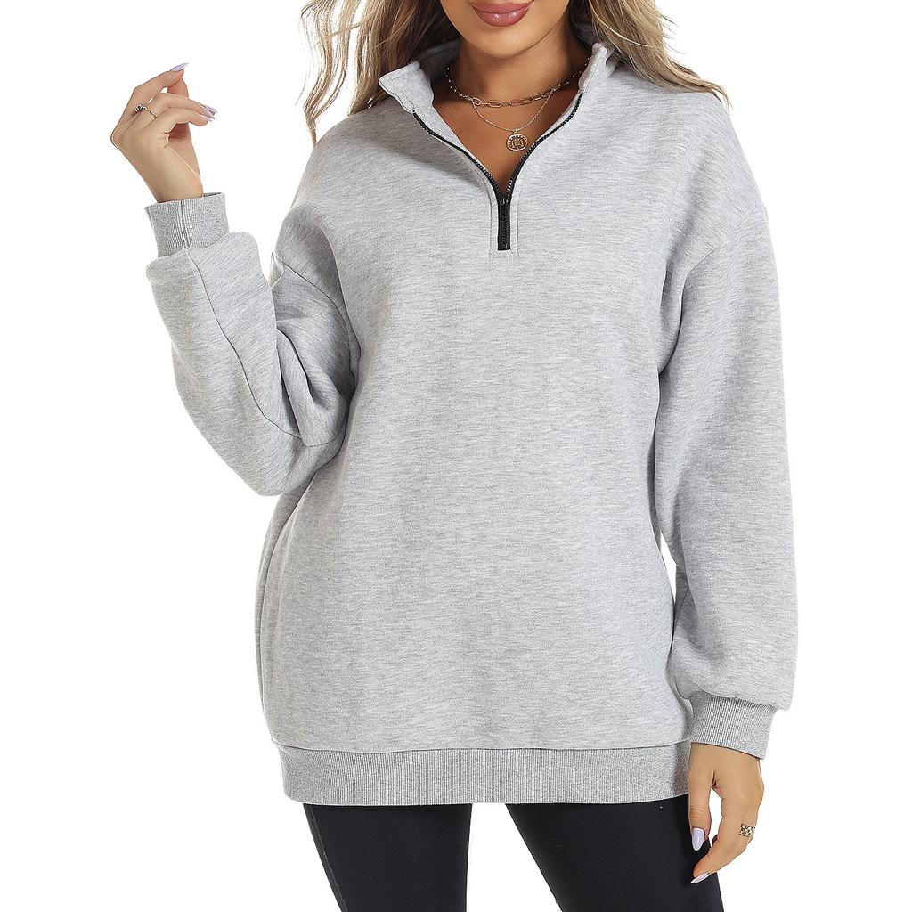 Women's Half Zipper Long Sleeve Sweater Pullover Solid Color Loose Casual Sports Sweater
