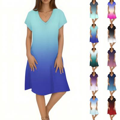 Женское повседневное модное платье с V-образным вырезом, короткими рукавами, градиентным принтом, средней длины, свободного кроя
