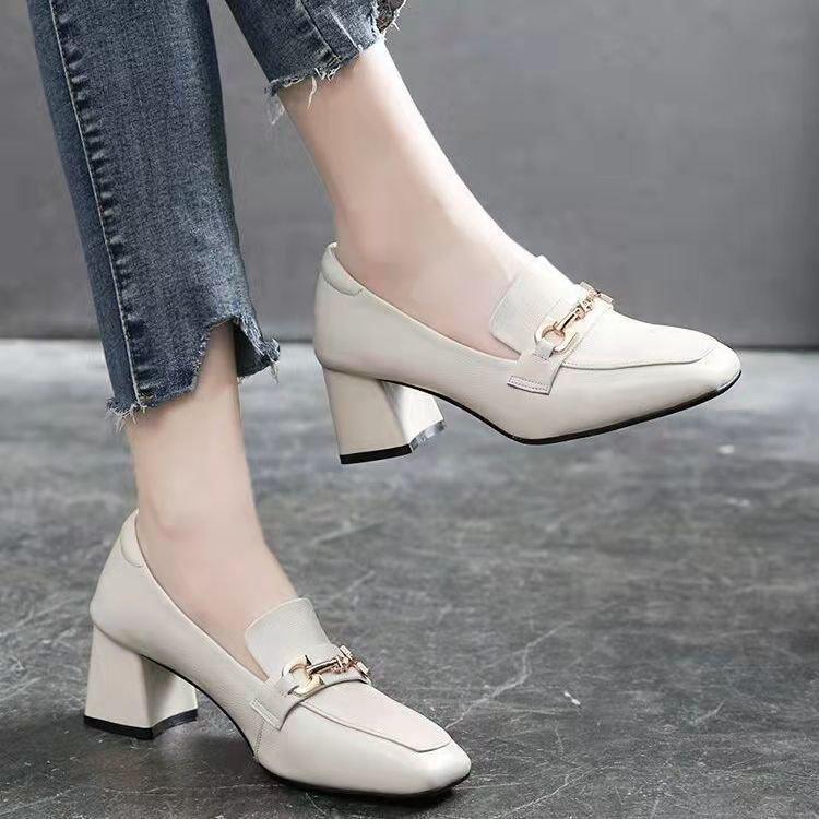 Small Leather Shoes Women's 2025 Autumn New British Style Thick Heel Square Head Comfortable Single Shoes High Heel One Pedal Loafers Women