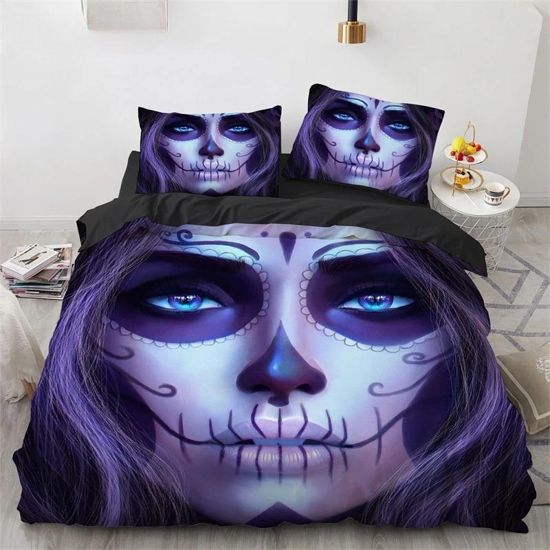 Anime Skeleton Girl Black Bridal Bedding Set Duvet Cover with Zipper Pillowcase, Bedroom Decoration Single Double Bed Boy Gift