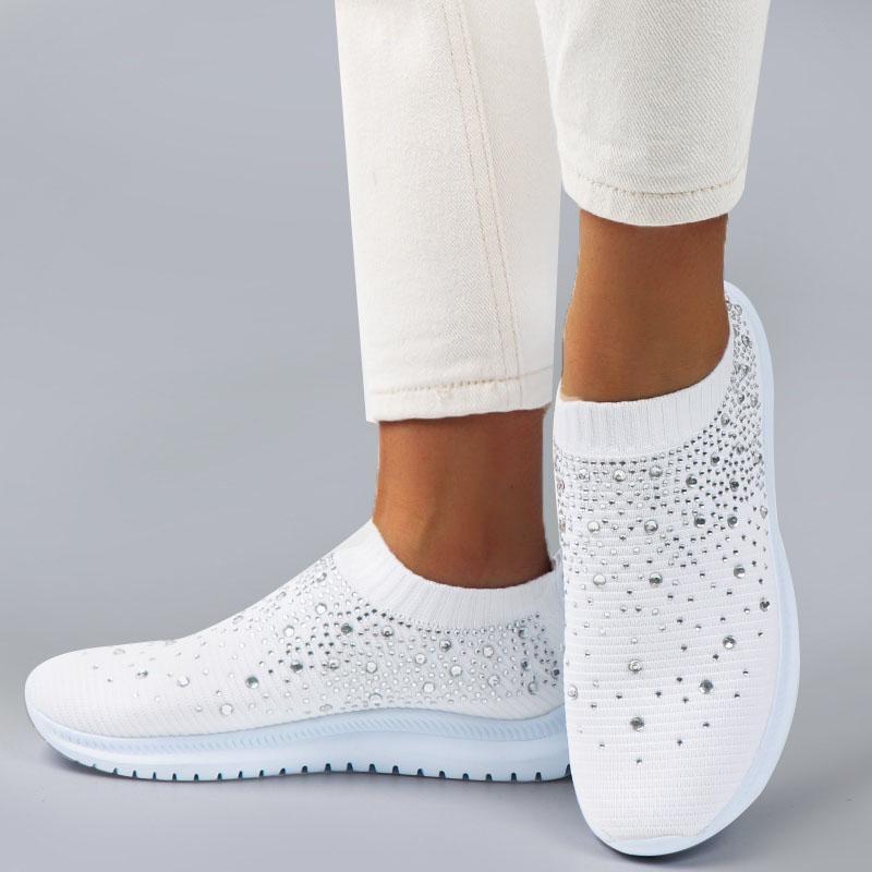 Женские кроссовки на плоской подошве с кристаллами, дышащая повседневная обувь, спортивная обувь на открытом воздухе