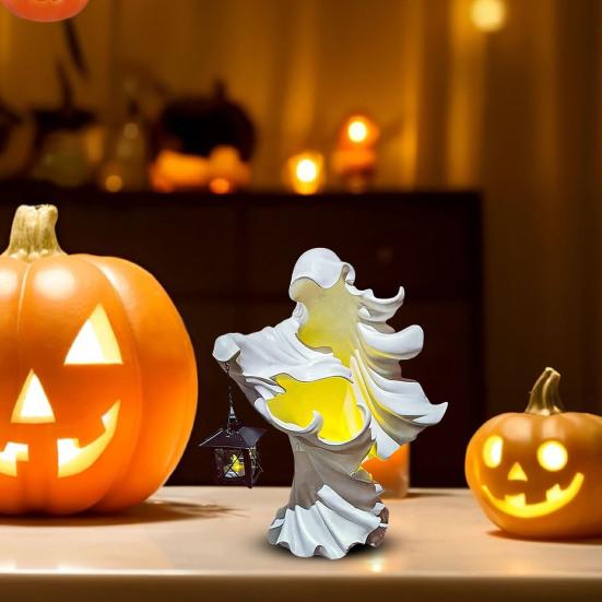 Светодиодный фонарь ведьмы, украшение на Хэллоуин, скульптура безликого призрака с фонарем, винтажная смоляная статуя ведьмы для декора двора, патио, газона
