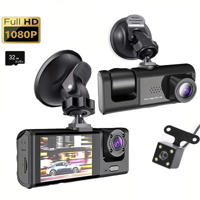 3-канальная видеокамера 1080P FHD для автомобиля, 3-линзовый автомобильный видеорегистратор, передняя, задняя, салонная камера, оснащена 2-дюймовым IPS-экраном