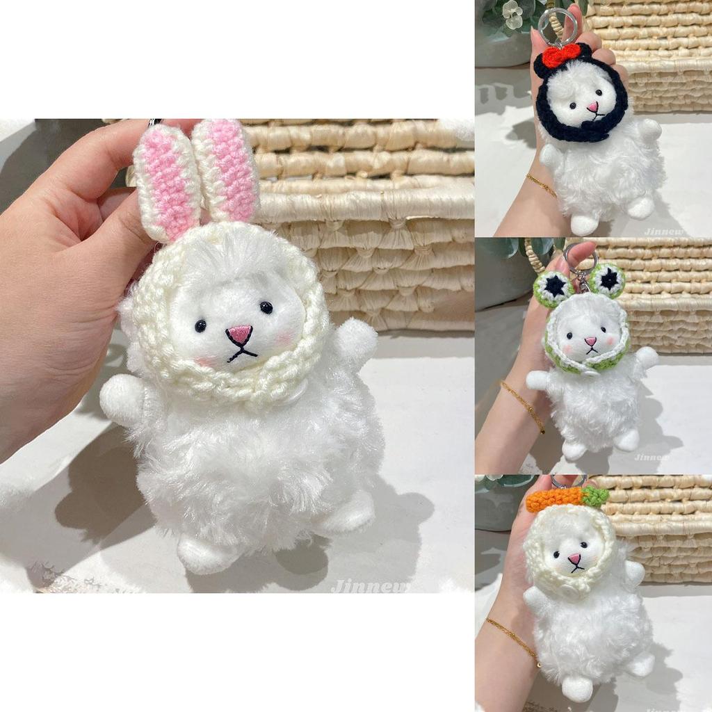 Charming Original Crochet Plush Sheep Keychain With Colorful Bow And Frog Eyes