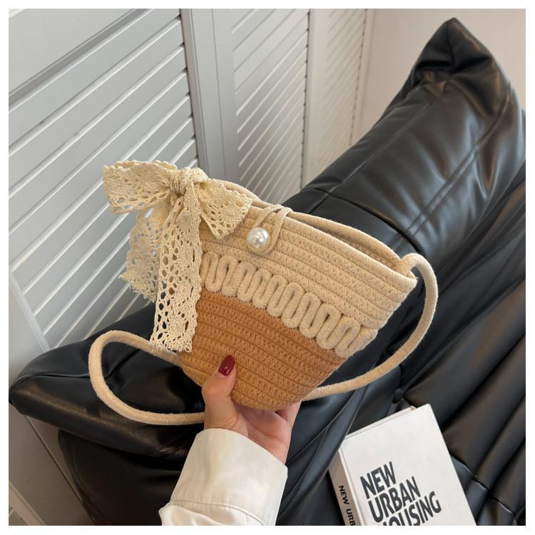 Solid Bow Decoration Color Children Woven Shoulder Bag For Summer Use Daily