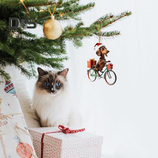 Украшения для рождественской елки, реалистичный щенок, едущий на велосипеде, подвеска, 2D, плоская, с двойной печатью, акриловое подвесное украшение для елки, домашний декор