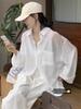 Женская свободная летняя рубашка-кардиган из хлопка и льна с защитой от солнца - Белая, с длинным рукавом