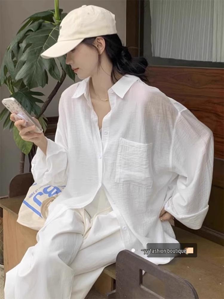 Женская свободная летняя рубашка-кардиган из хлопка и льна с защитой от солнца - Белая, с длинным рукавом