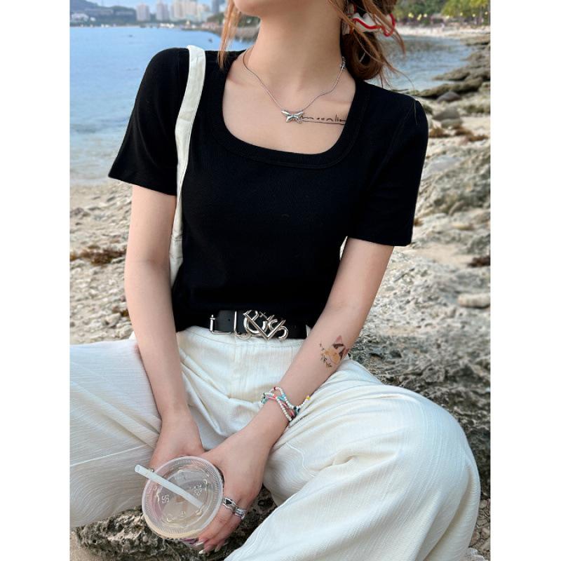 Качественная женская летняя новая базовая футболка с коротким рукавом и квадратным вырезом, топ