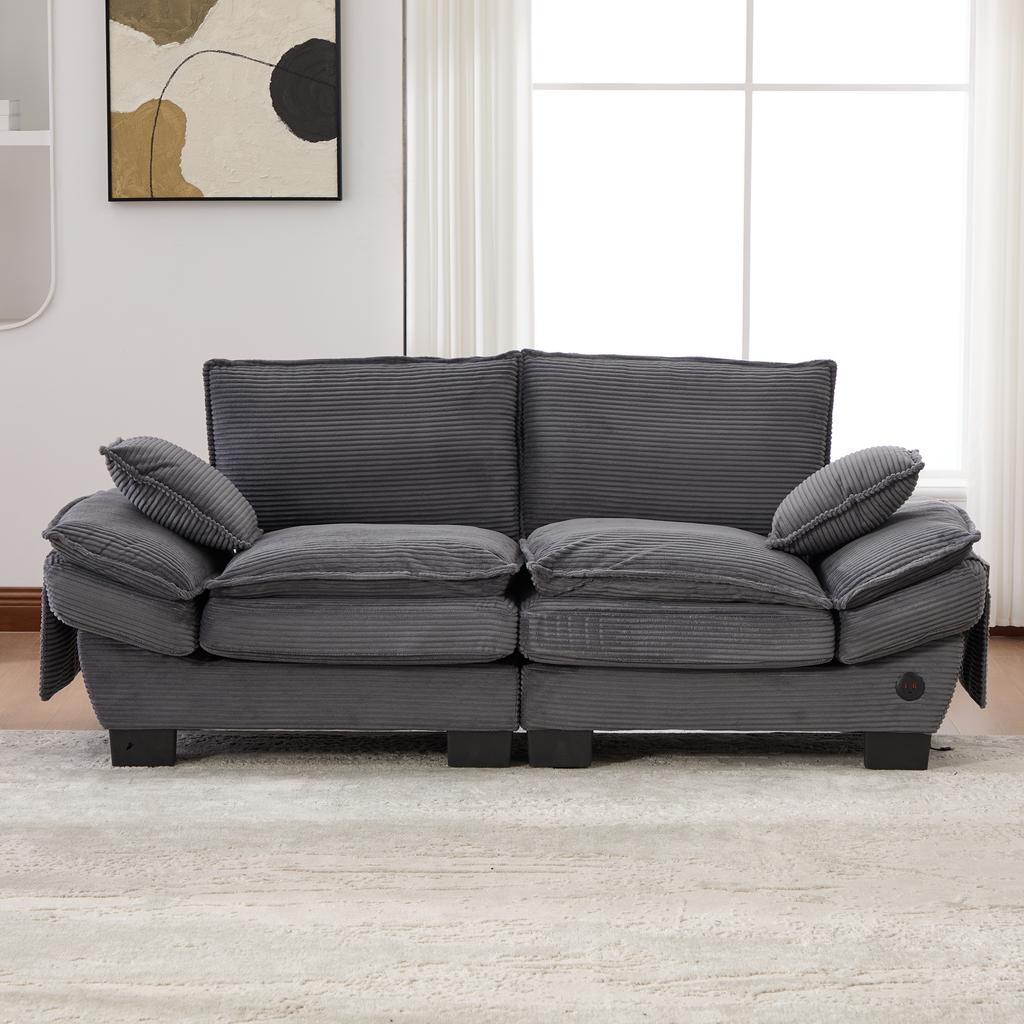 Modular Corduroy Sofa for 2 People with Wide Seat, Ergonomic Design, High-Density Foam Padding, USB-C Port. Ideal for Living Room. Dark Gray
