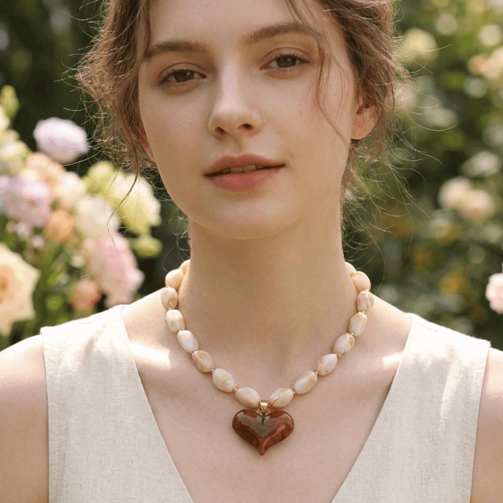 Colorful Heart Pendant Necklace Multi-Color Statement Jewelry Unique Bead Choker Vacation Wear