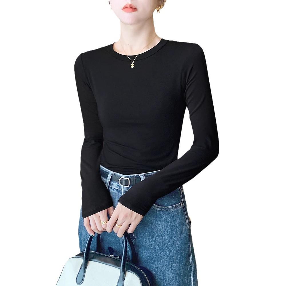 Женский черный трикотажный топ с длинным рукавом и рубчиком, приталенного силуэта, с круглым вырезом - Идеально подходит для весны, осени и зимы.