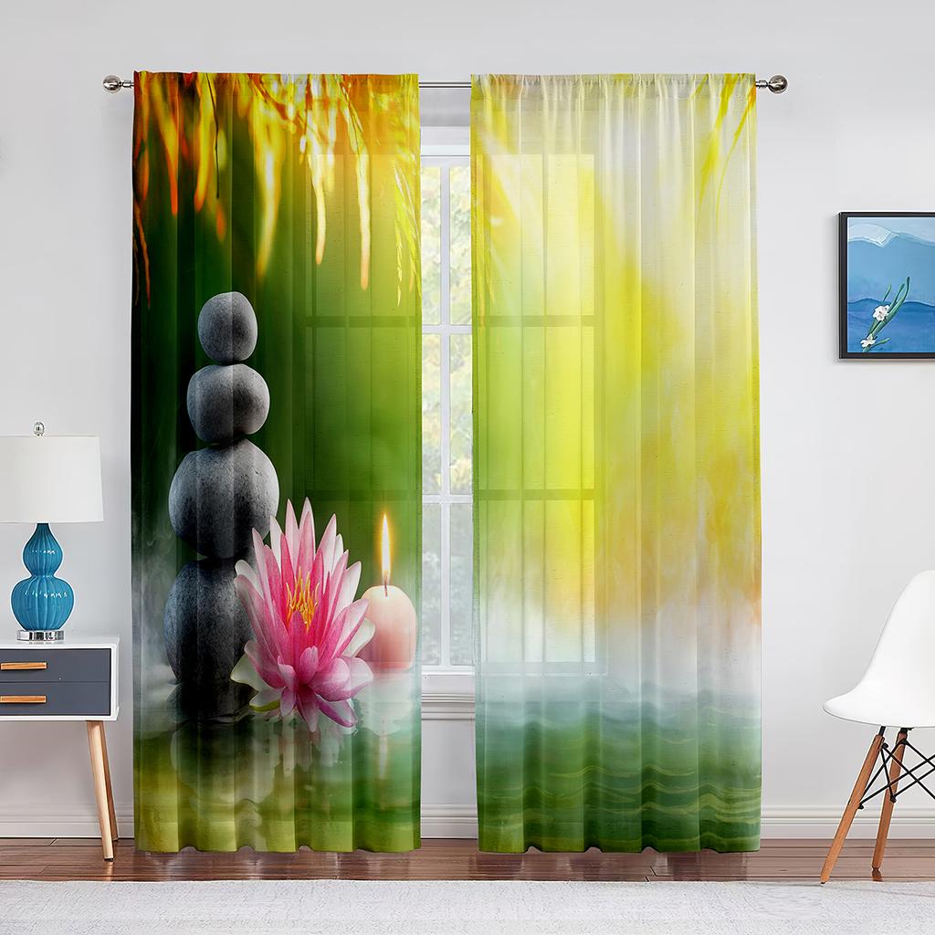 Zen Spa Green Bamboo Black Stone Flower Sheer Curtains for Living Room Bedroom Decorations Window Voiles Tulle Curtain Drapes