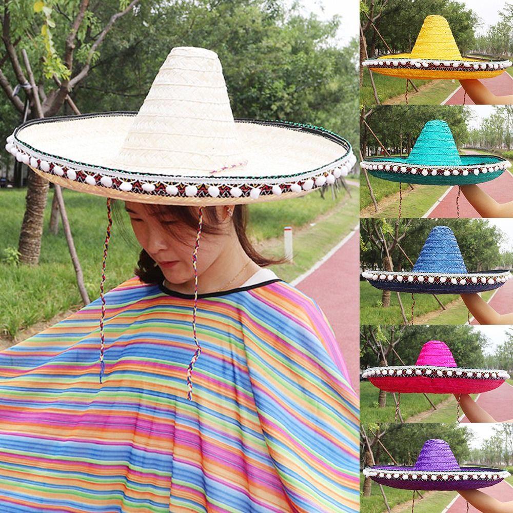 Украшения в гавайском стиле, шляпа для косплея на Хэллоуин, соломенная одежда, соломенная шляпа, мексиканская шляпа с помпоном