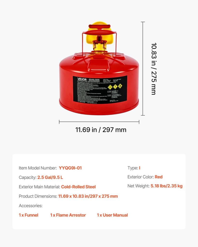 Safety Gas Can, 9.5 L Type I Red Safety Can for Gasoline with Stainless Steel Flame Arrester, Self-Closing Lid, and PE Funnel, Carbon Steel Flammable