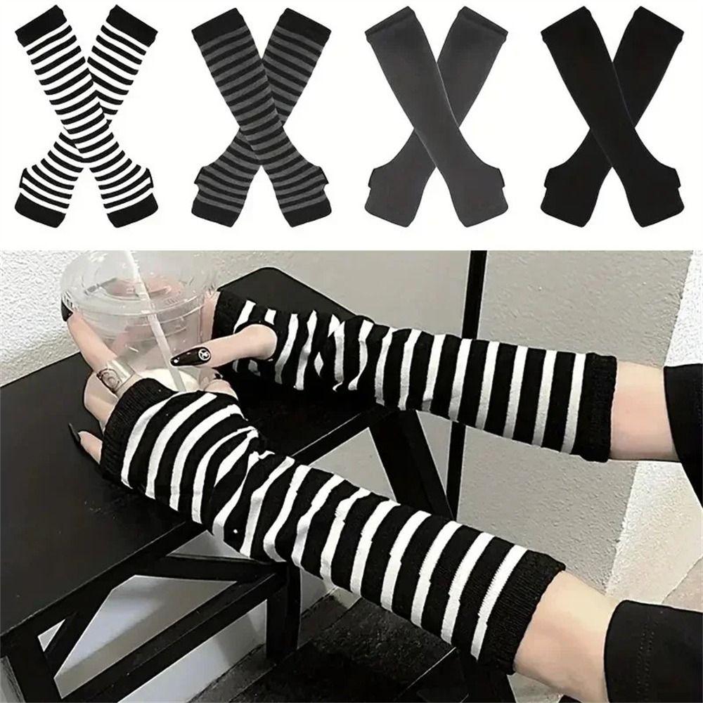 Arm Cover Fingerless Long Glove Striped Cool Stretch Gloves Women Girls Elbow Mitten Winter Season