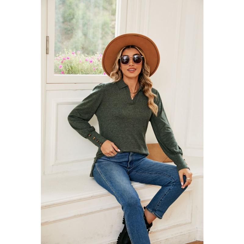 Spring and Autumn Women's Blouse Lapel Long Sleeve Button Loose Milled Long Sleeve Top