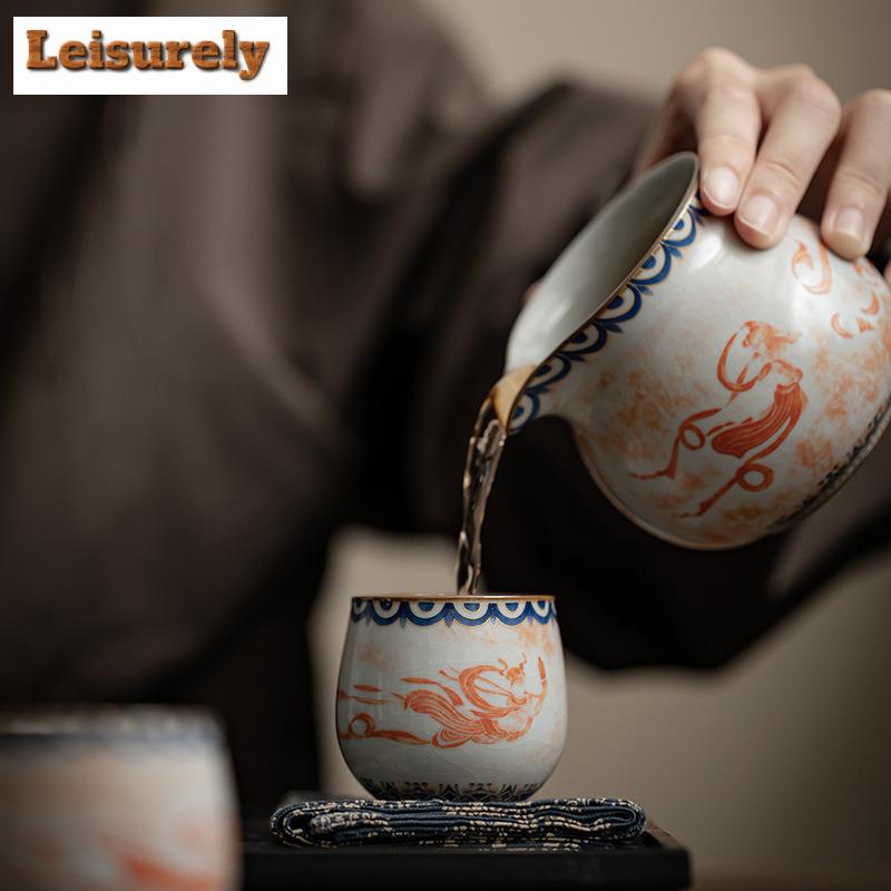 60ml Imitation Song Ru Kiln Porcelain Teacup Dunhuang Apsaras Pattern Master Cup Dargon Egg Cup Mugs Kung Fu Tea Set Gift Box