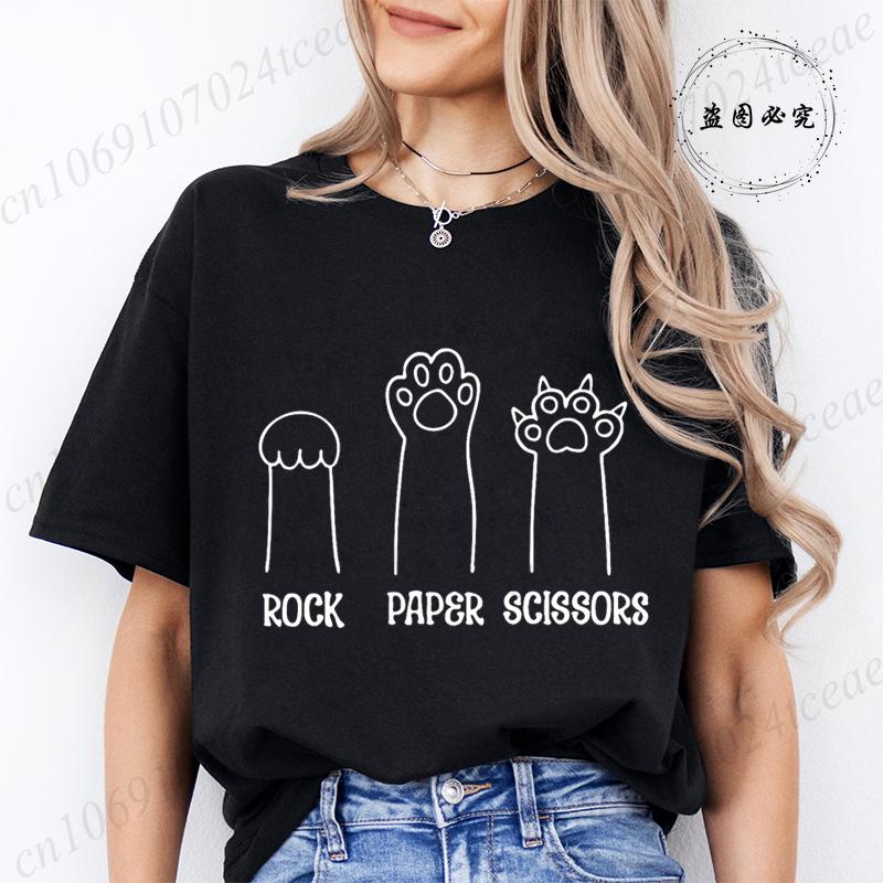 Rock Paper Scissors Tshirt Funny Cat Paw Print T-Shirt Summer Fashion Cat Lover Tshirt Women Men Short Sleeve Tee Shirt Clothing