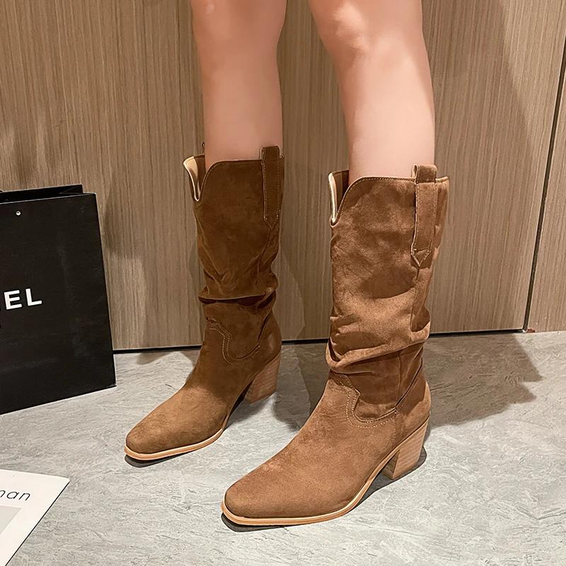 New Women's Retro Long Boots for Spring Fashion, Suede Midsole Stacking Boots, Thick Heel Square Toe Oversized Denim Boots