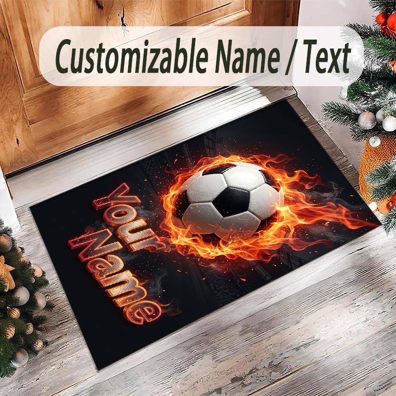 Soccer Theme Crystal Velvet Floor Rug Personalized Custom Name Text Warm Carpet Home Decoration