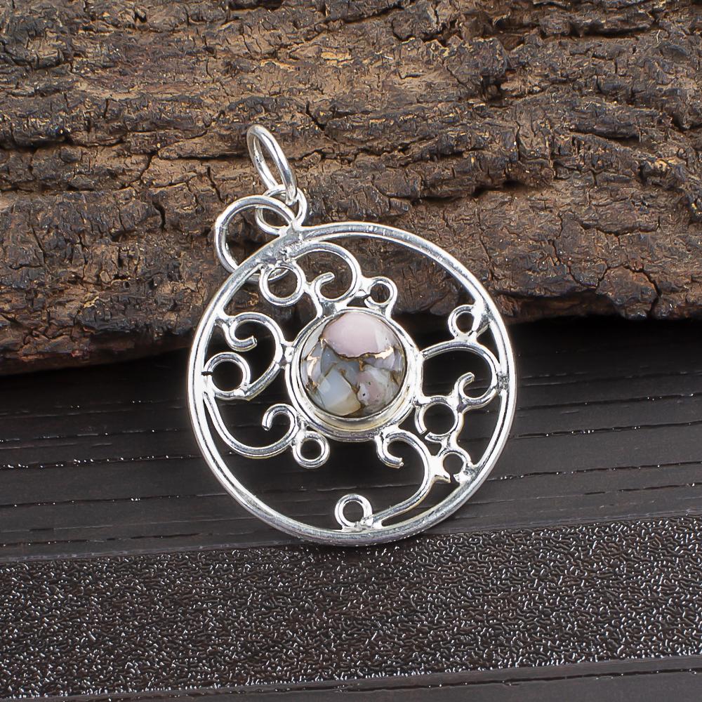 Natural Pink Opal Copper Turquoise Gemstone 925 Sterling Silver Handcrafted Daily Wear Pendant 1.45" For Love PP-24-28