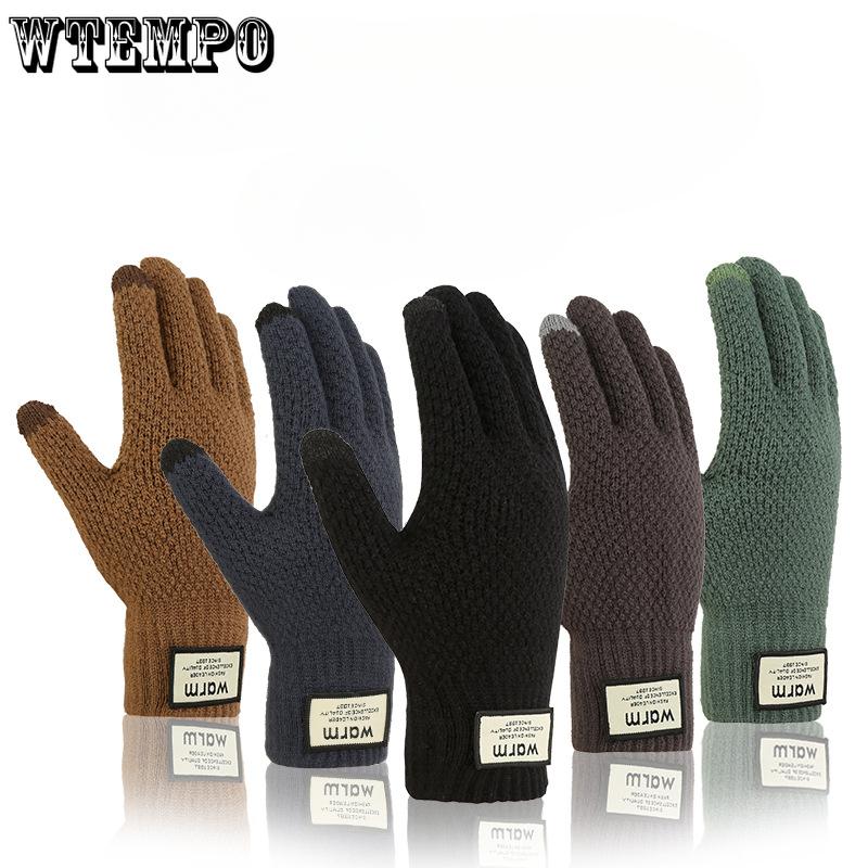 Шерстяные перчатки для велоспорта, мужские, утолщенный бархат для тепла и зимы, ветрозащитные, трикотажные перчатки для сенсорных экранов