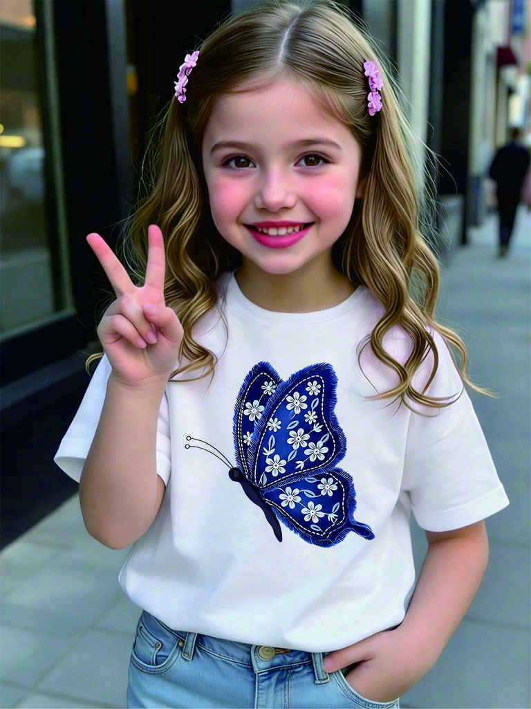 Kids Girls T-Shirt, Blue Floral Butterfly Print Short Sleeve Casual Cotton Tee for Daily & Summer