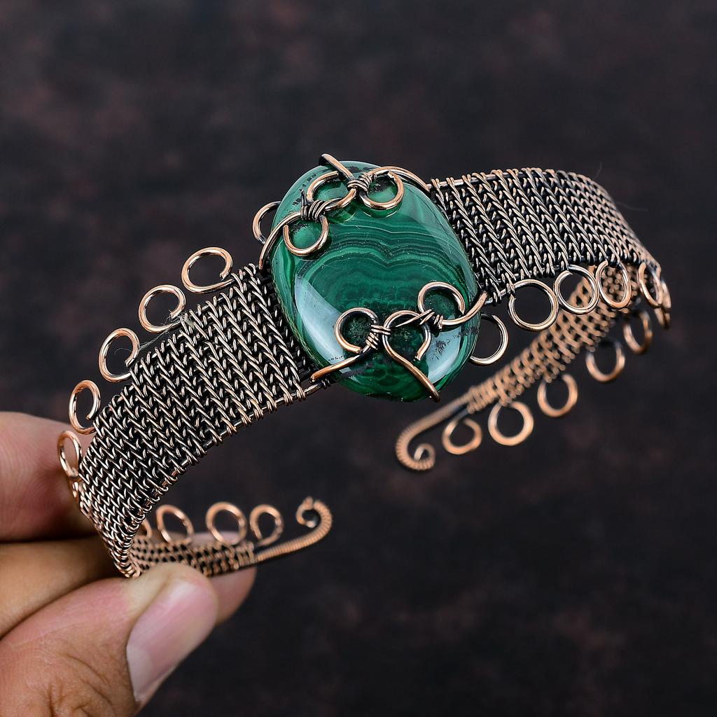 Малахитовый браслет-манжета, браслет-бенгл, обмотанный медной проволокой, украшения ручной работы, регулируемый браслет-манжета, медные украшения с драгоценными камнями, стильный браслет для подарка