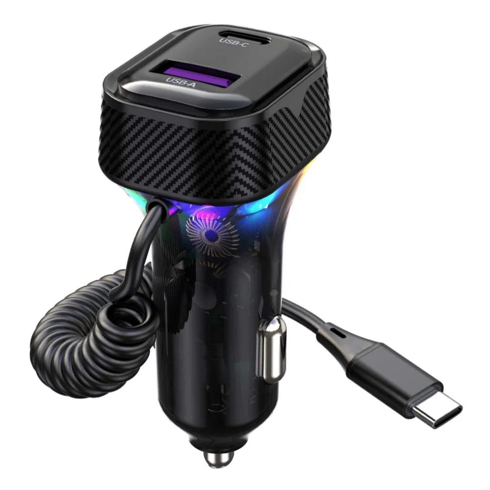 Автомобильное быстрое зарядное устройство с пружинной проволокой, атмосферный свет, прикуриватель, преобразователь PD 30 Вт, 3 выхода 12 В-24 В для камеры мобильного телефона