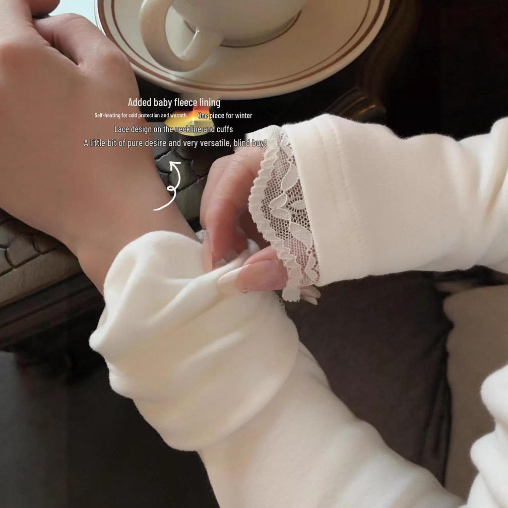 2025 Women's Slim Fit V-Neck Thermal Fleece Lace Patchwork Long Sleeve T-Shirt for Autumn/Winter