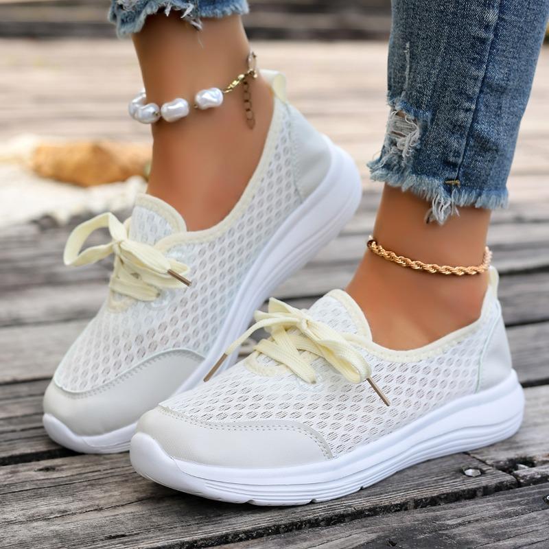 Fashion Women's Flat Sneakers Fall New Round Toe Deep Mouth Splice Mesh Lace-Up Front Soft Slip Sneakers