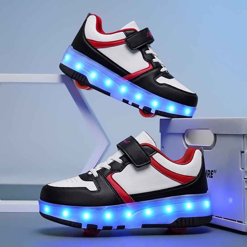 Девочки/дети быстросъемные Четырехколесные Заряжаемые LED Фонарик Обувь Халат Колесо Роликовые Коньки Мальчики Катающиеся Туфли