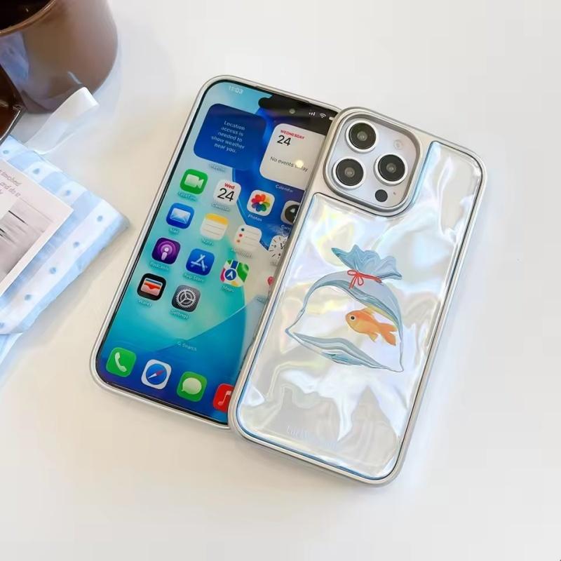 Милый Чехол для телефона с золотой рыбкой, приносящей удачу, с серебристой каймой, имитирующей рябь на воде, противоударный, с каплей клея, для iPhone 17 16 15 14 Pro Max