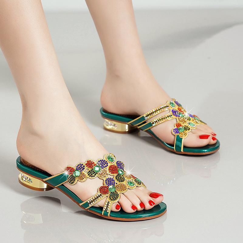 Модные удобные летние пляжные тапочки с открытым носком, женские босоножки на высоком каблуке со стразами и бриллиантами, модная нескользящая обувь для вечеринок